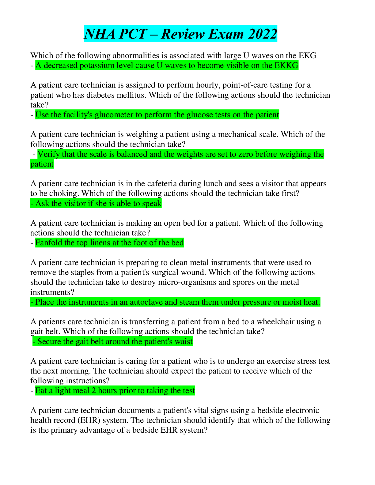 Preview image for NHA PCT – Review Exam 2022 (150 Q and A) 100% distinction solution guide.